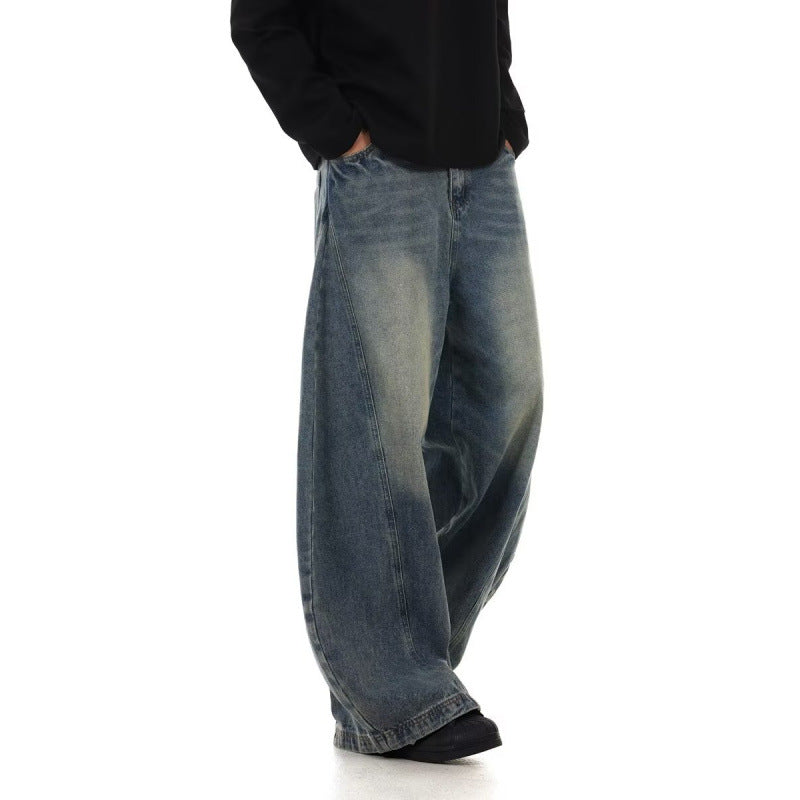 Men's American Retro Washed Design Wide Leg Loose Jeans