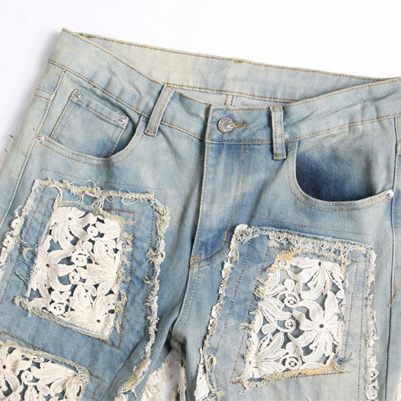 Slim-fit Straight Double-sided Embroidered Patch Youth Blue Men's Flared Jeans