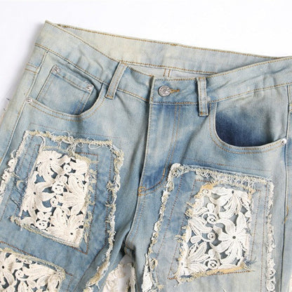 Slim-fit Straight Double-sided Embroidered Patch Youth Blue Men's Flared Jeans