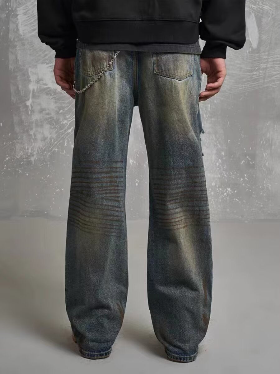 Loose Straight Slim-fit Waste Soil Blue With Holes Jeans