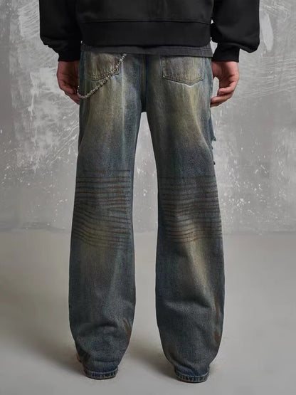 Loose Straight Slim-fit Waste Soil Blue With Holes Jeans