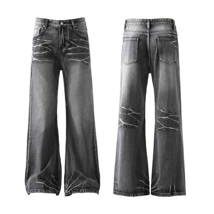 Loose Micro-flared Washed Distressed Lightning Jeans