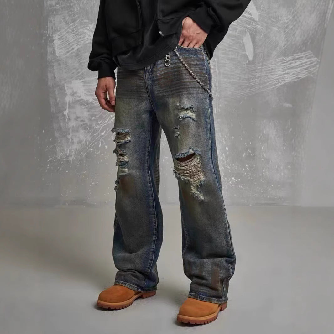 Loose Straight Slim-fit Waste Soil Blue With Holes Jeans