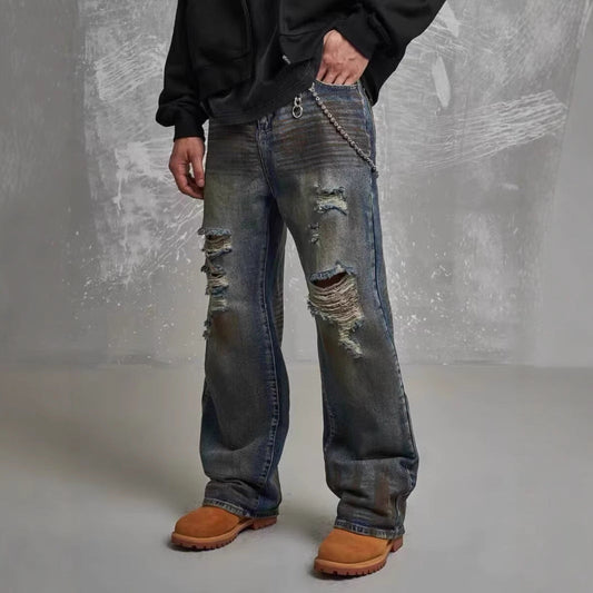 Loose Straight Slim-fit Waste Soil Blue With Holes Jeans