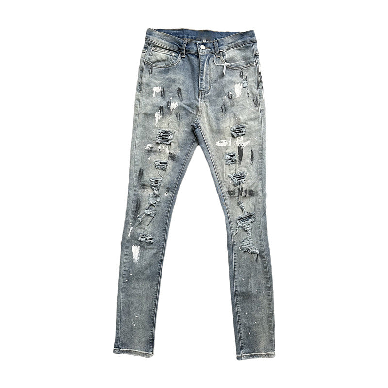 Handmade Splash-ink Blue Diamond Ripped Jeans