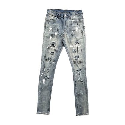 Handmade Splash-ink Blue Diamond Ripped Jeans