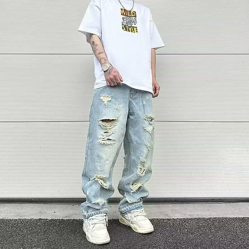 Water Washed Hole Retro Street Wide Leg Jeans