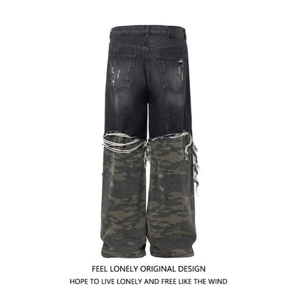 Men's American High Street Stitched Camouflage Wide Leg Jeans