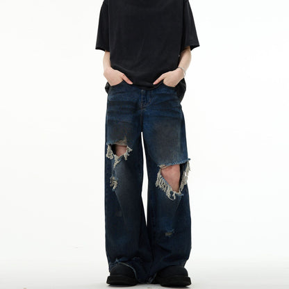 Couple Hole Worn Jeans Wide-leg Pants