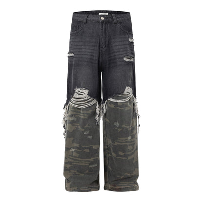 Men's American High Street Stitched Camouflage Wide Leg Jeans