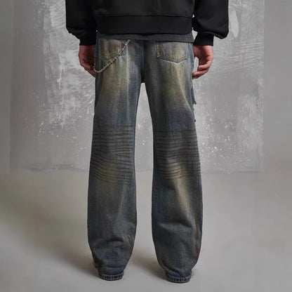 Loose Straight Slim-fit Waste Soil Blue With Holes Jeans