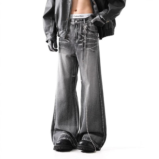 Loose Micro-flared Washed Distressed Lightning Jeans