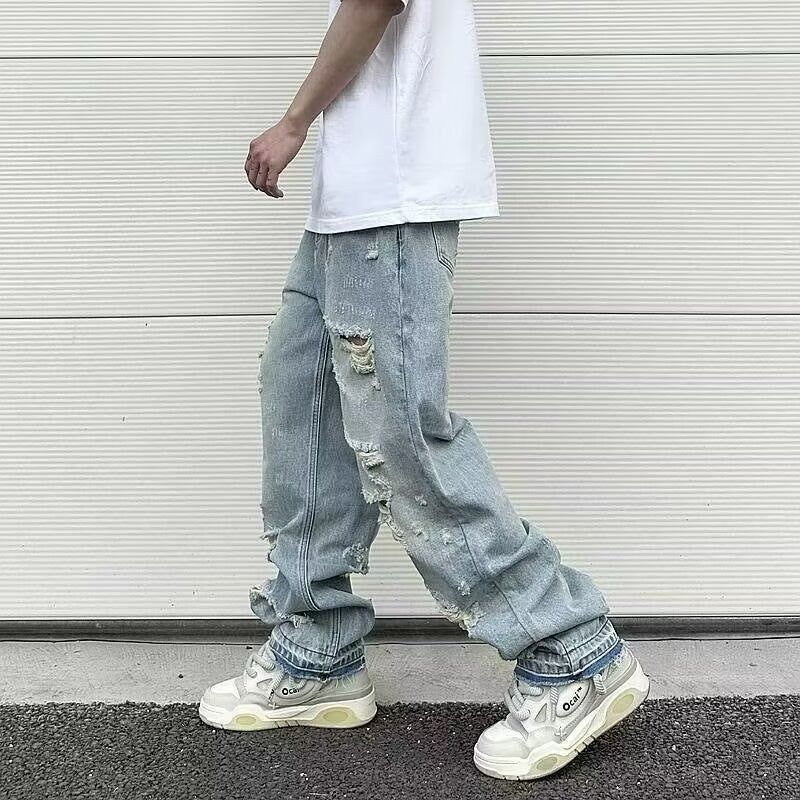 Water Washed Hole Retro Street Wide Leg Jeans