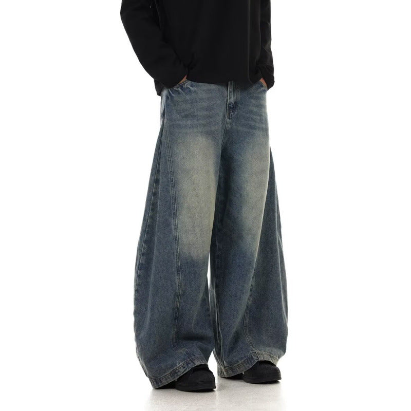Men's American Retro Washed Design Wide Leg Loose Jeans