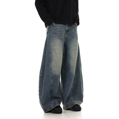 Men's American Retro Washed Design Wide Leg Loose Jeans
