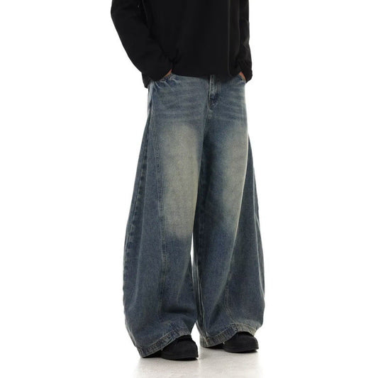 Men's American Retro Washed Design Wide Leg Loose Jeans