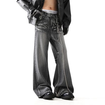 Loose Micro-flared Washed Distressed Lightning Jeans