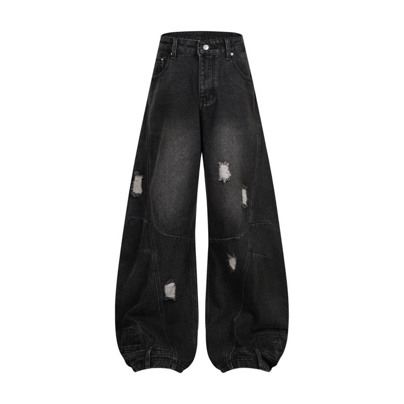 Retro Washed Ripped Deconstruction Stitching Design Straight Jeans