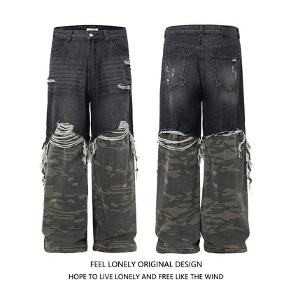 Men's American High Street Stitched Camouflage Wide Leg Jeans