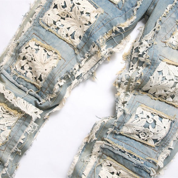 Slim-fit Straight Double-sided Embroidered Patch Youth Blue Men's Flared Jeans