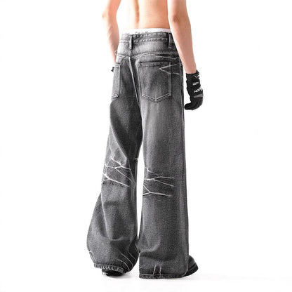 Loose Micro-flared Washed Distressed Lightning Jeans