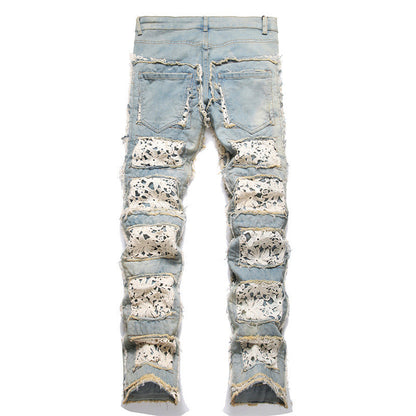 Slim-fit Straight Double-sided Embroidered Patch Youth Blue Men's Flared Jeans