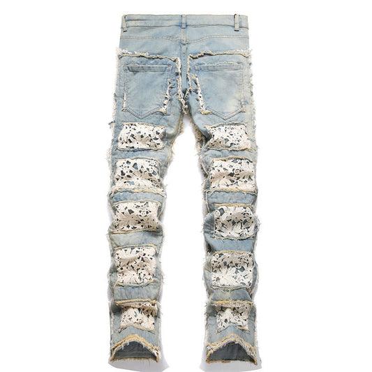 Slim-fit Straight Double-sided Embroidered Patch Youth Blue Men's Flared Jeans