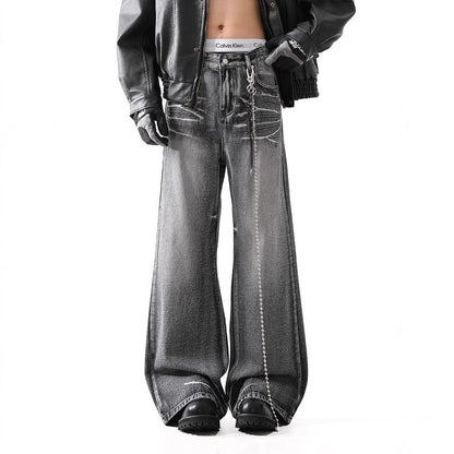 Loose Micro-flared Washed Distressed Lightning Jeans