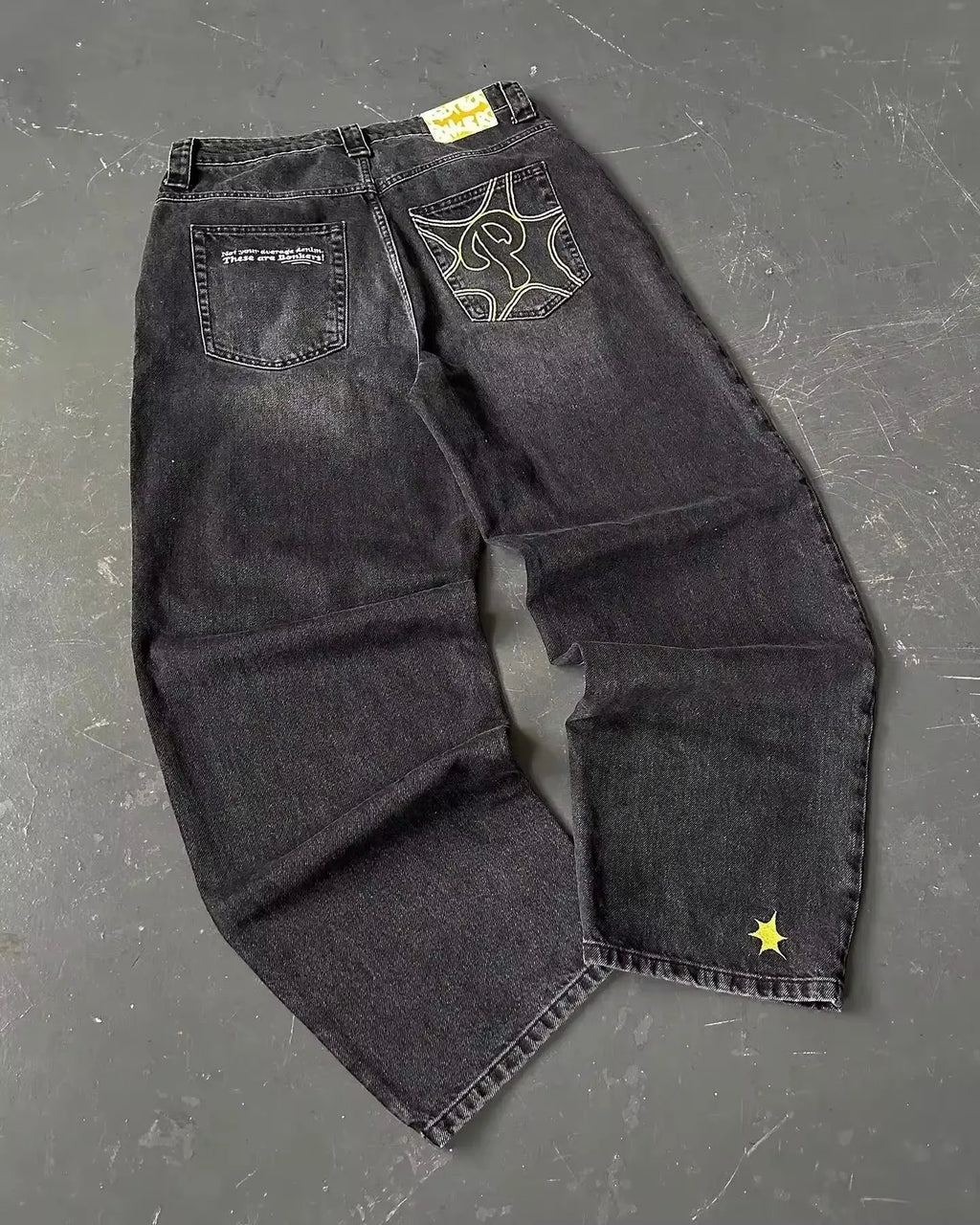 2023 New American Harajuku retro skull print straight high waist Y2K women's washed grey jeans Streetwear Gothic wide trousers