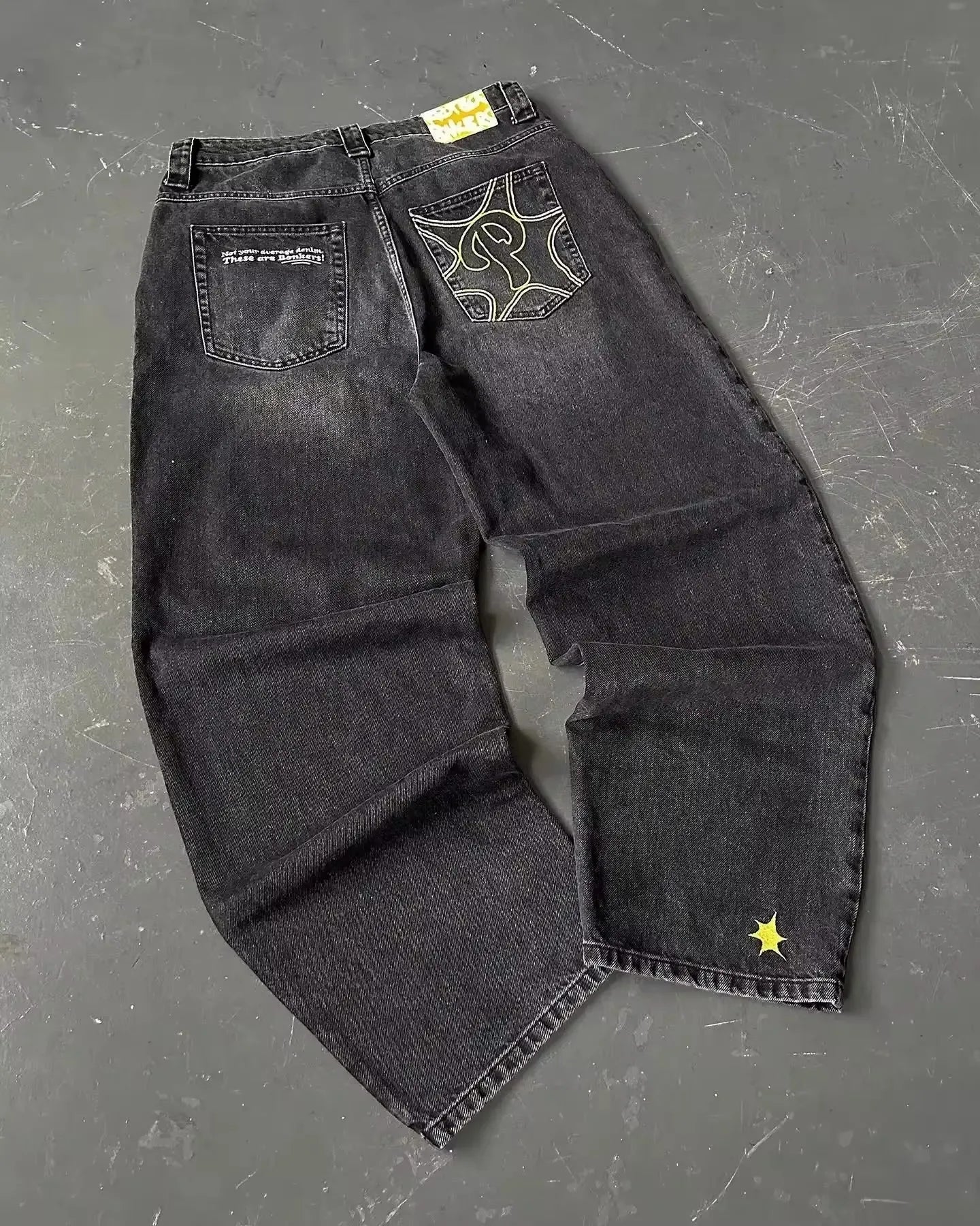 2023 New American Harajuku retro skull print straight high waist Y2K women's washed grey jeans Streetwear Gothic wide trousers