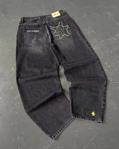 2023 New American Harajuku retro skull print straight high waist Y2K women's washed grey jeans Streetwear Gothic wide trousers