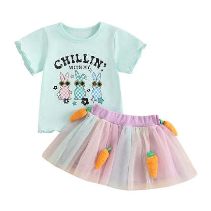 Adorable Infant Easter Dress Set with Bunny Graphic Tee and Fluffy Carrot Skirt for Baby Girls - 2 Piece Outfit