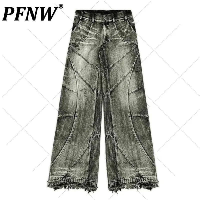 PFNW Spliced Design Washed Denim Jeans Men's Streetwear Fashion Straight Leg Denim Pants Hip Hop Trendy Trousers Spring 28W4634