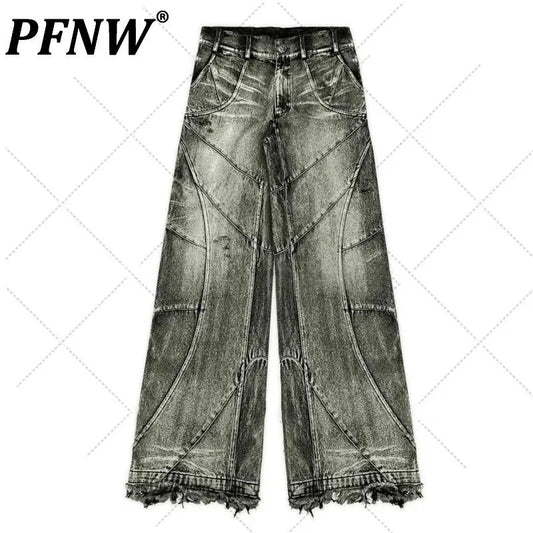 PFNW Spliced Design Washed Denim Jeans Men's Streetwear Fashion Straight Leg Denim Pants Hip Hop Trendy Trousers Spring 28W4634