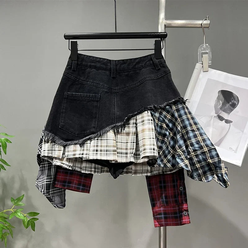 Patchwork Plaid Skirts Denim Short High Waist Wrapped