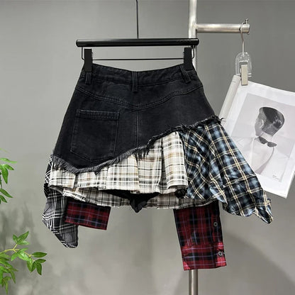 Patchwork Plaid Skirts Denim Short High Waist Wrapped