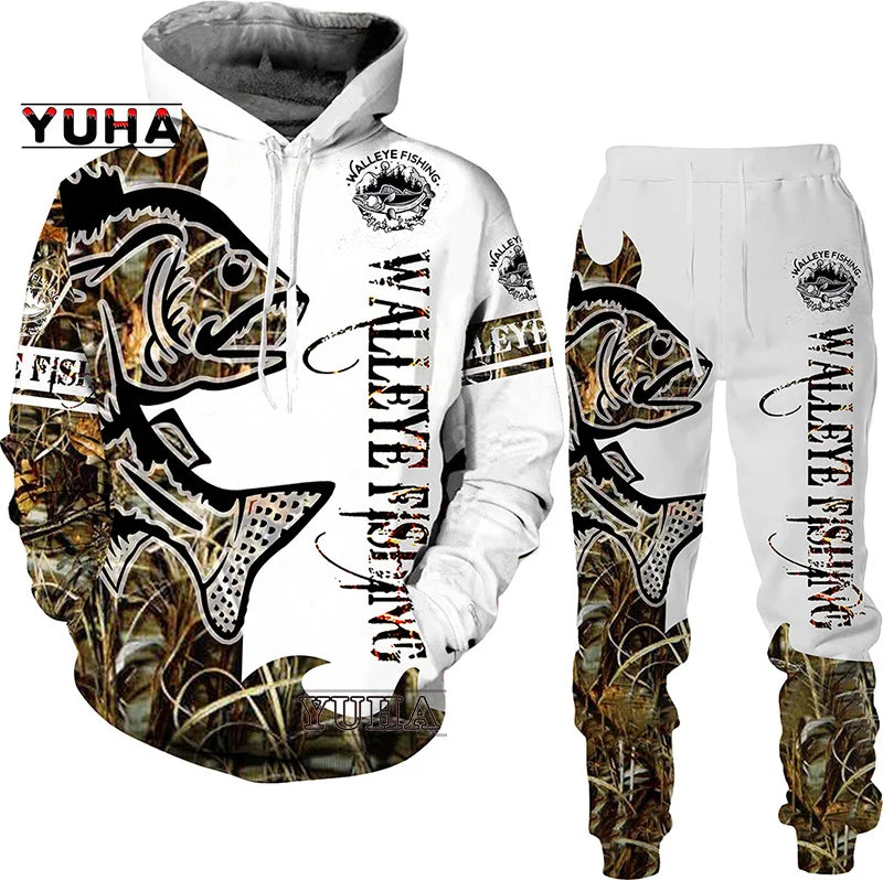 New 3D Fishing Art Print Casual Couple Hoodies Outfits Hip Hop Streetwear Hooded Sweatshirt+Sweat Pants Men's Tracksuit Set