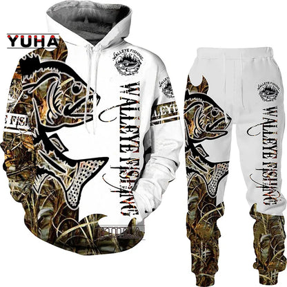 New 3D Fishing Art Print Casual Couple Hoodies Outfits Hip Hop Streetwear Hooded Sweatshirt+Sweat Pants Men's Tracksuit Set
