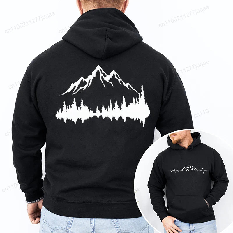 Sporty Streetwear Mountains Graphic Pullover Hoodie
