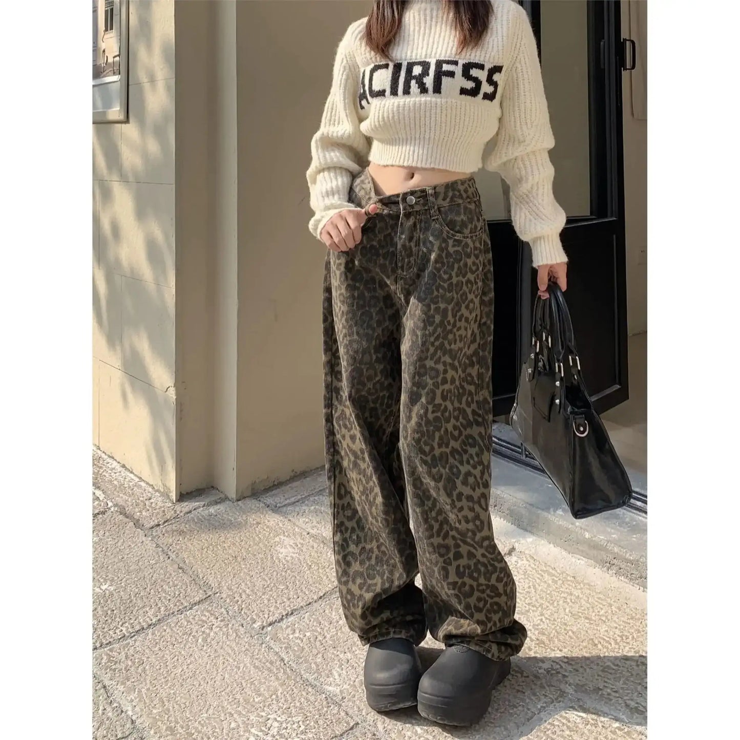 Vintage Leopard Print Pantalon Femme Wide Leg Pants Women High Waist Straight Y2k Jeans Casual Fashion Korean  Jean Trousers