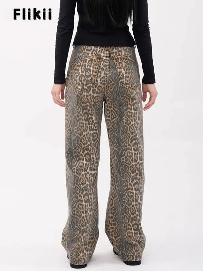 Y2k Vintage Leopard Print Loose Women Jeans Autumn New Classic Straight High Waist Slim Casual Fashion Female Jeans 2024 New