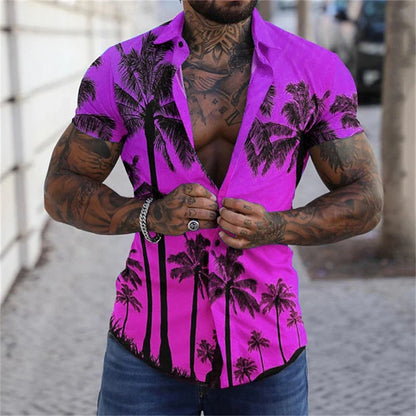 Casual Coconut Tree Graphic Hawaiian Shirts Fashion Trend Short Sleeve Lapel 3D Printed Beach Shirts Loose Vacation Mens Blouse