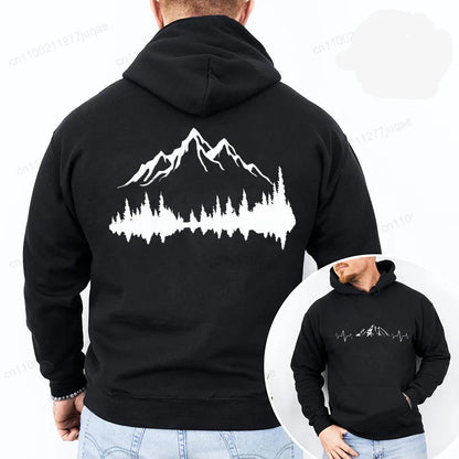 Sporty Streetwear Mountains Graphic Pullover Hoodie
