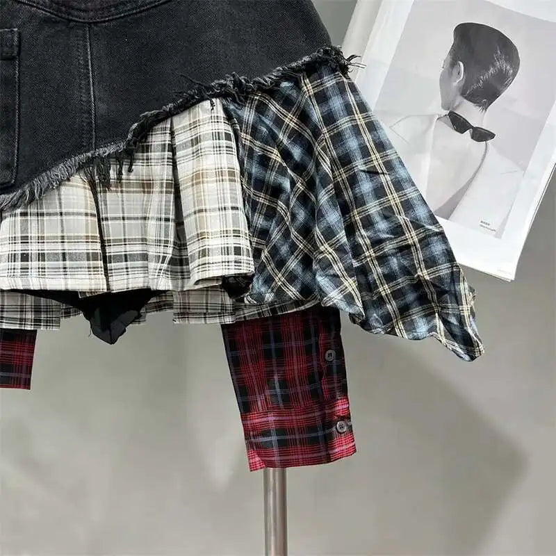 Patchwork Plaid Skirts Denim Short High Waist Wrapped
