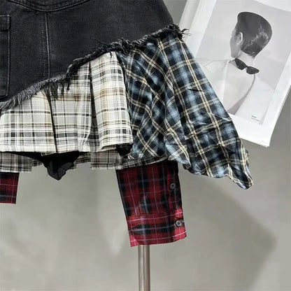 Patchwork Plaid Skirts Denim Short High Waist Wrapped