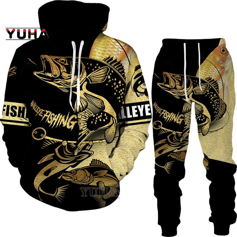 New 3D Fishing Art Print Casual Couple Hoodies Outfits Hip Hop Streetwear Hooded Sweatshirt+Sweat Pants Men's Tracksuit Set