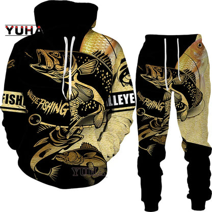 New 3D Fishing Art Print Casual Couple Hoodies Outfits Hip Hop Streetwear Hooded Sweatshirt+Sweat Pants Men's Tracksuit Set