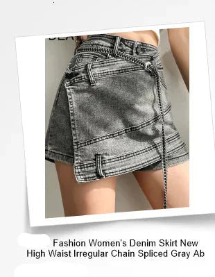 Fashion Denim Skirt Belt Waist Washed Metal Hole