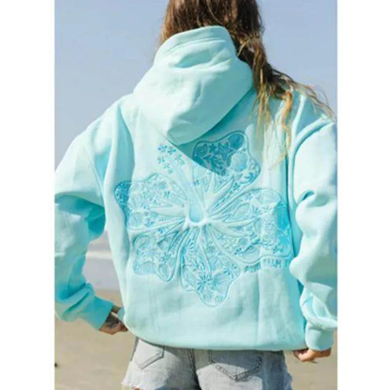Embroidered Long Sleeve Hoodie with Kangaroo Pocket Pullover