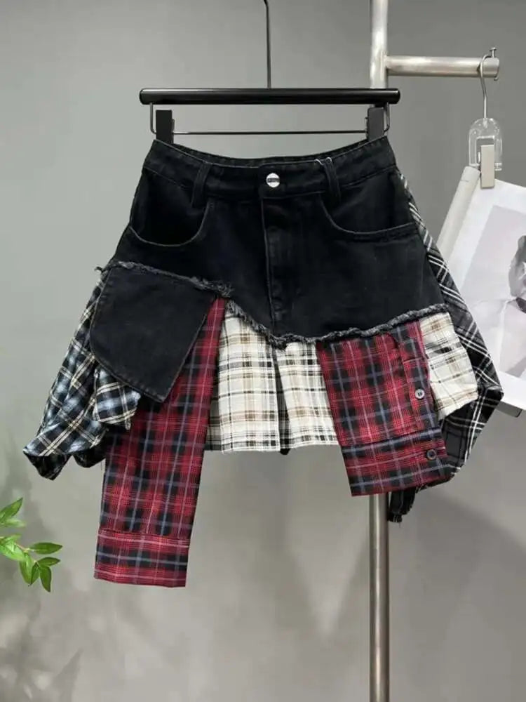 Patchwork Plaid Skirts Denim Short High Waist Wrapped